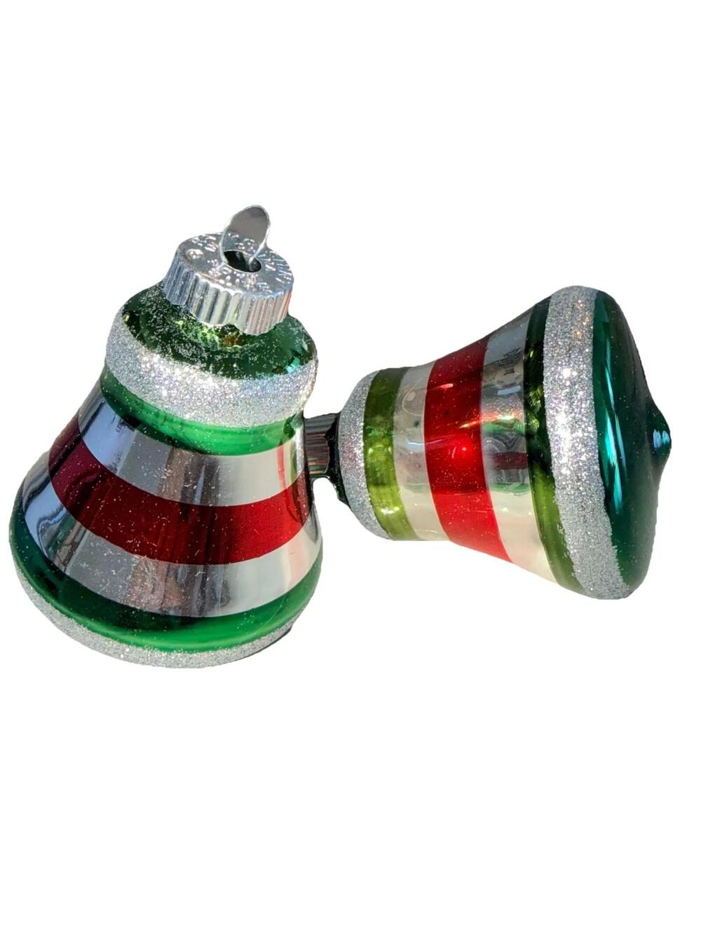 Shiny Brite Glass Bell Christmas Ornament SET Green Red SILVER GLITTER Stripe 3"